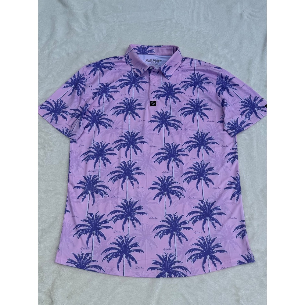 Full Wedge Golf Mens XL Pink Purple Aloha Palm Tree Tropical Polo Shirt Stretch